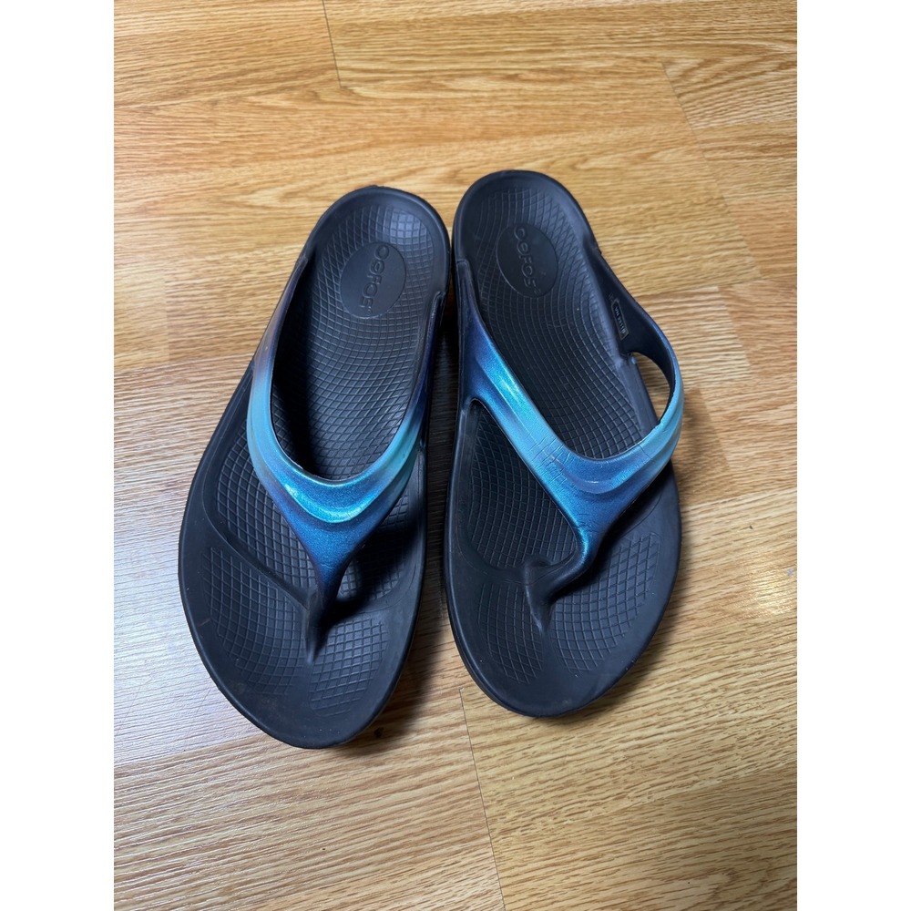 OOFOS OOlala Ergonomic Orthopedic Recovery Sandals Women 10 Black Blue Flip Flop